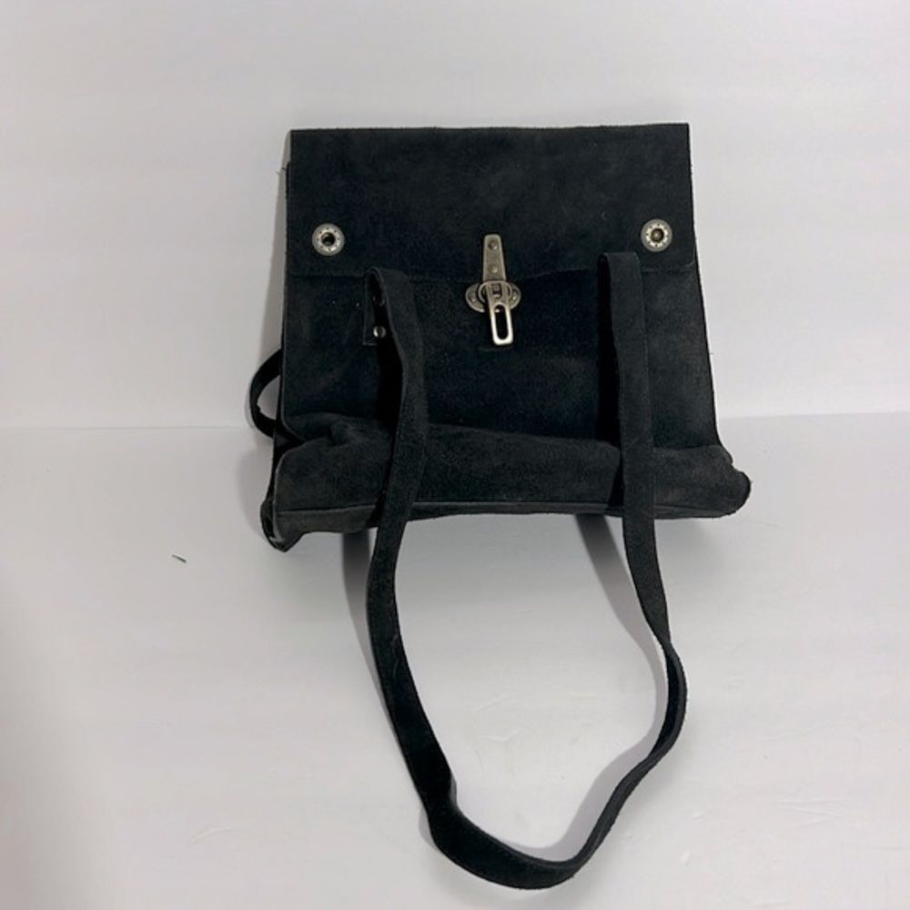 Franchi Black Suede Buckle Front Square Flap Double Handle Shoulder Bag
